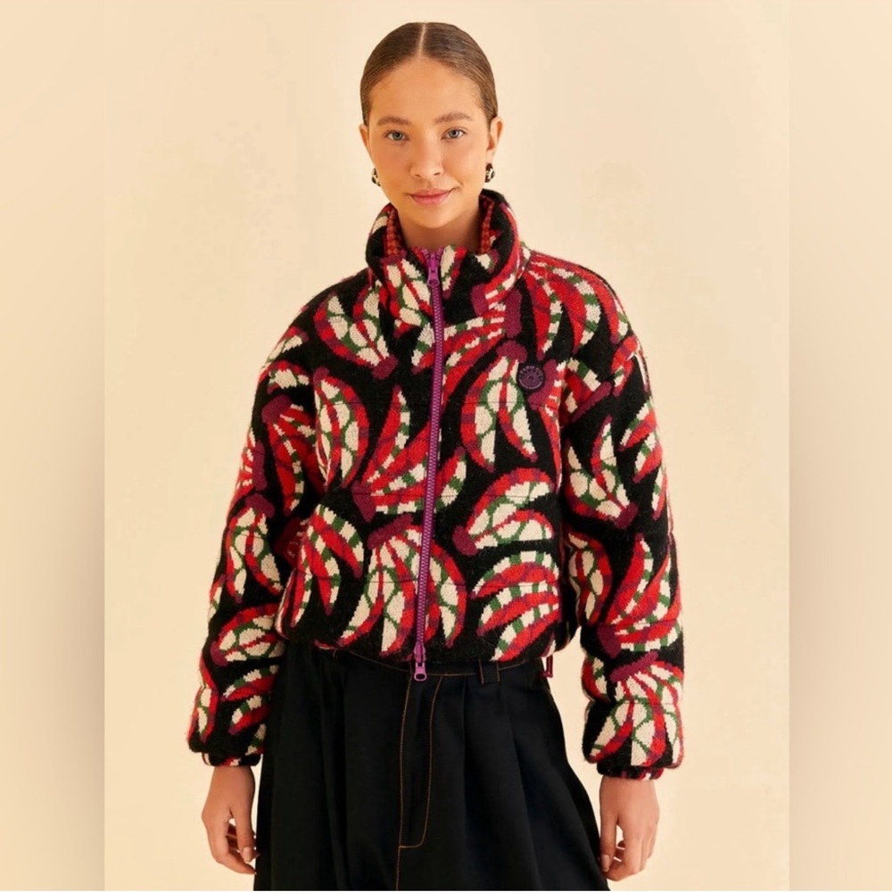 Farm Rio Black Banana Dots Tricot Reversible Puffer Jacket